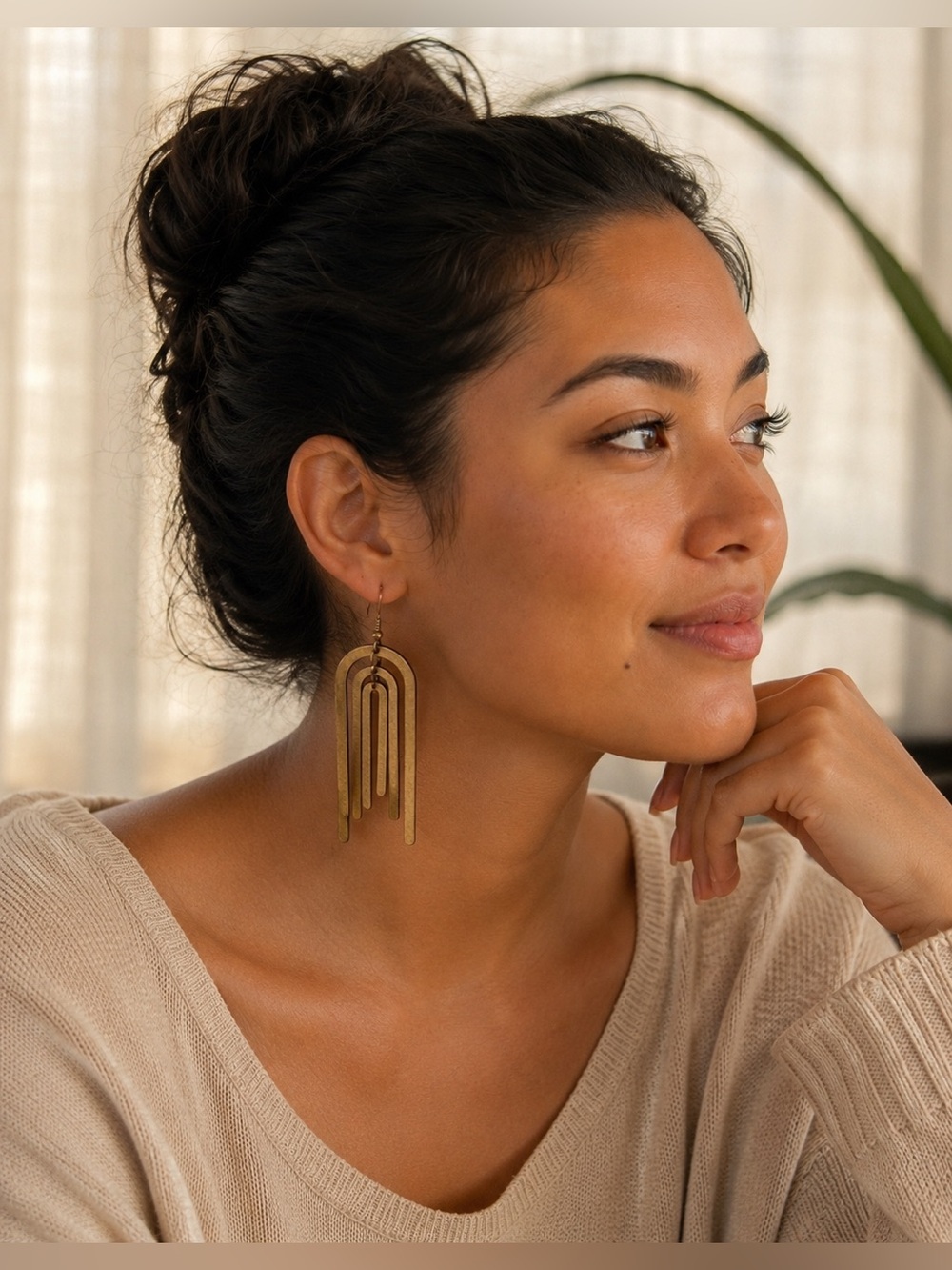 Gold Tone Geometric Layered Arch Dangle Earrings Boho Statement